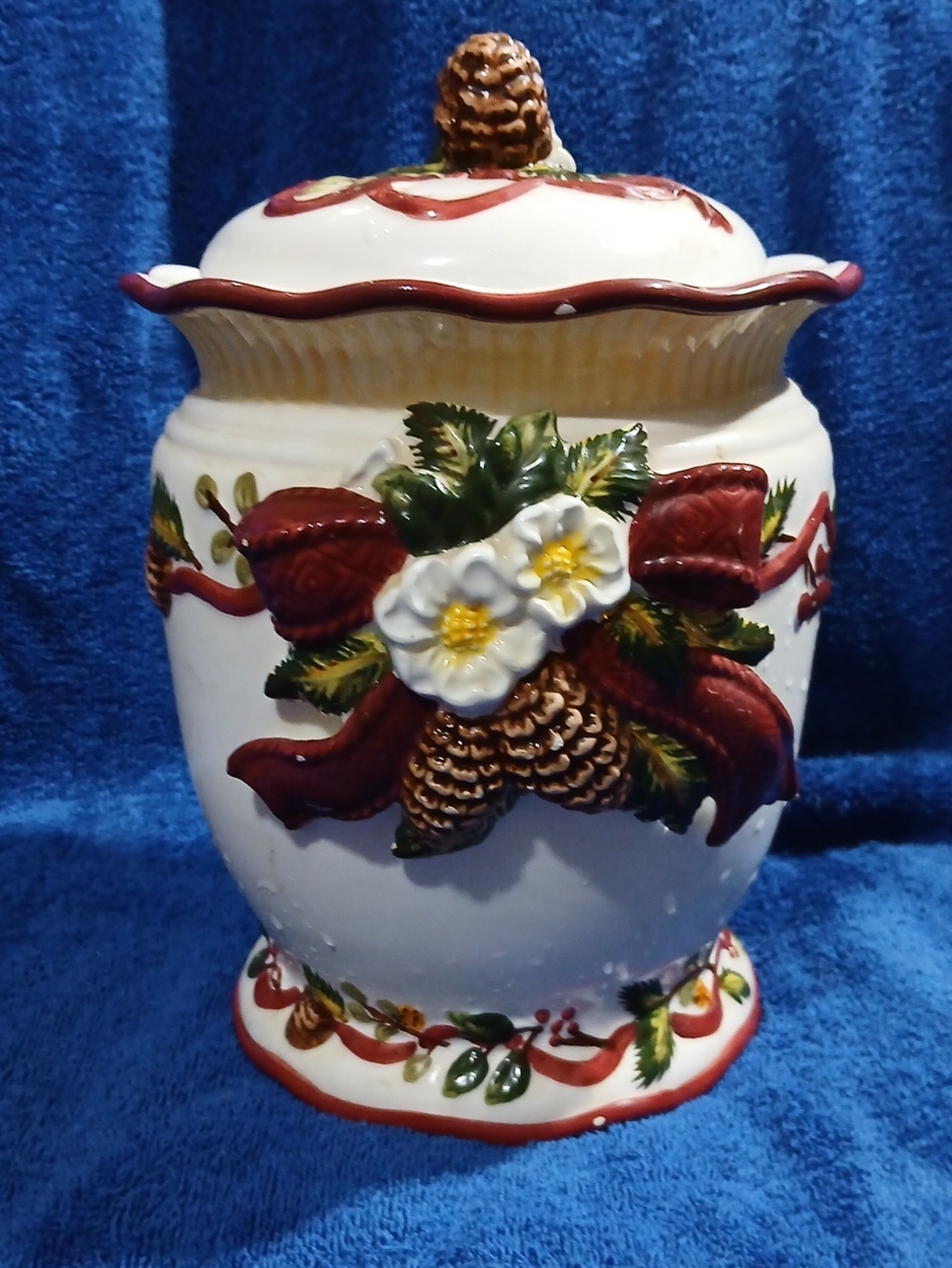 Ceramic Holiday Pinecone & Flower Cookie Jar - White with Red and Green Accents